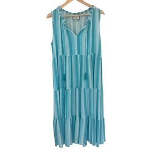 Tuckernuck Salty Paloma Caftan Dress L Aquamarine Stripe Tiered Cotton Lined